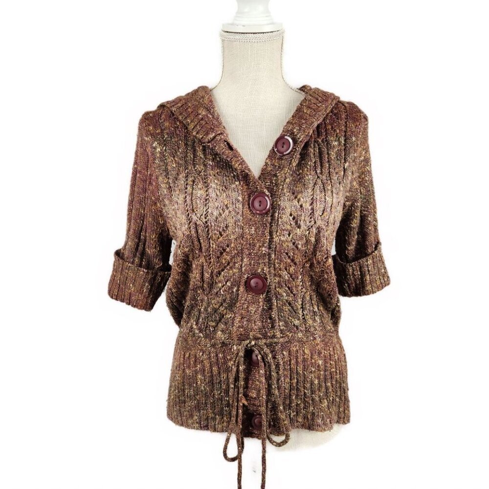 Button Up Hooded Cardigan Sweater Women's M Brown Drawstring Waist Dressbarn